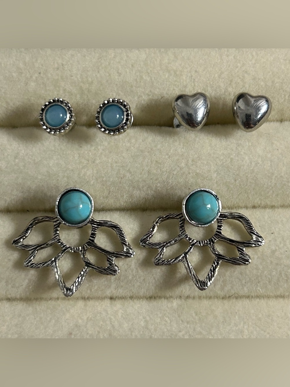 Silver Tone Stud Earrings Set with Turquoise Accents